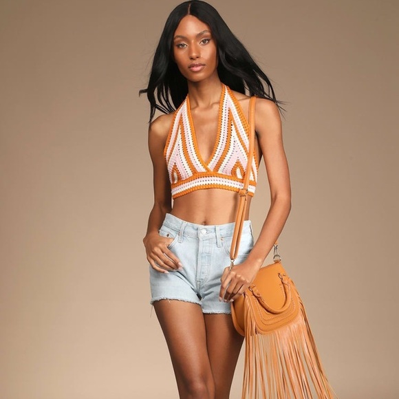 LULUS Groovy Vibes Cream Multi Knit Halter Cropped Sweater Crochet Tank Top - Picture 1 of 9